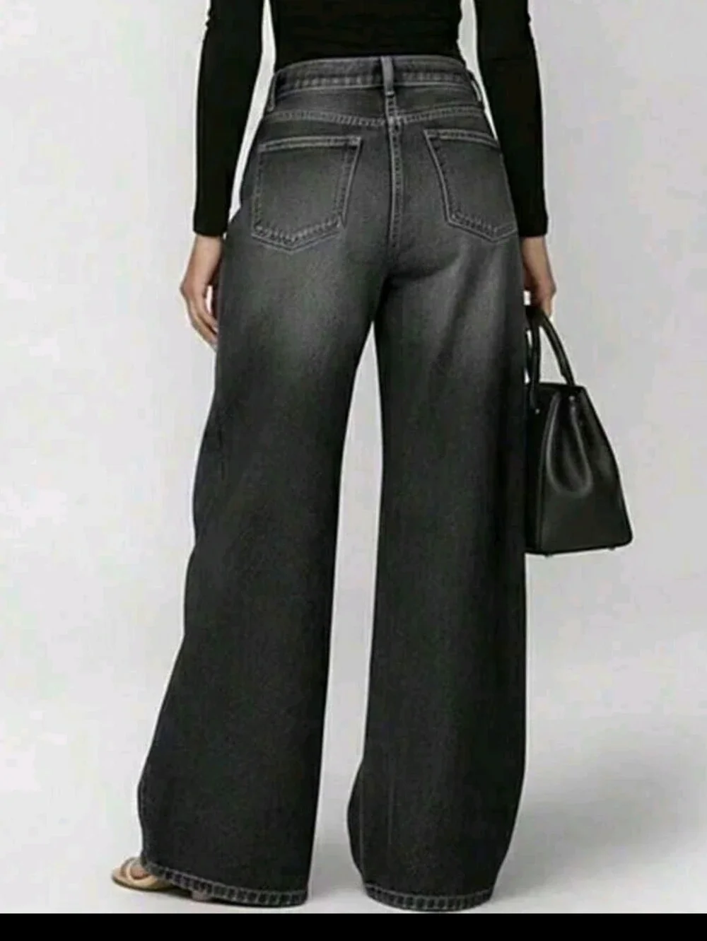 Wide Leg Black Jeans with Gold Eyelet Detail - Picture 3 of 6